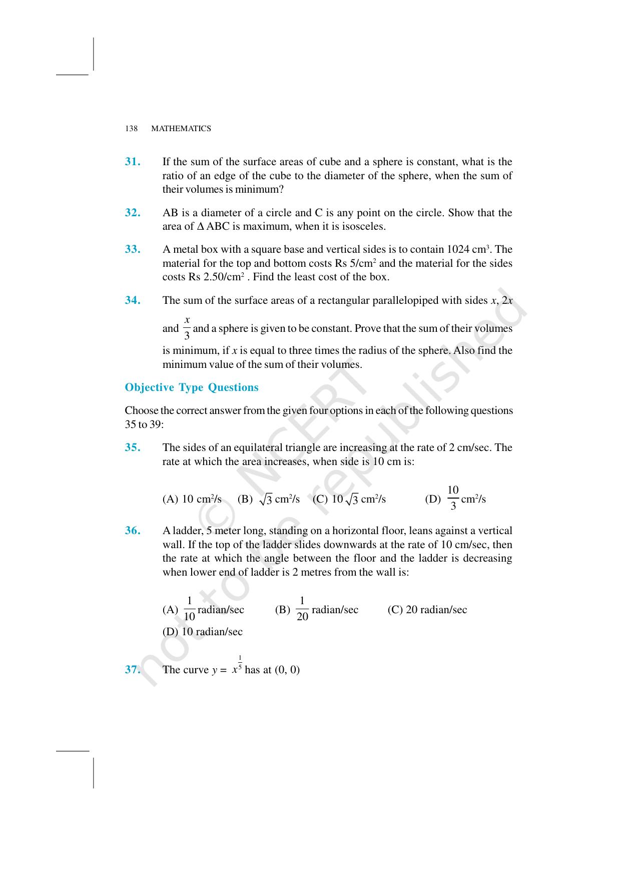 NCERT Exemplar Class 12: Mathematics Unit 6 (Application Of Derivatives) - Page 22