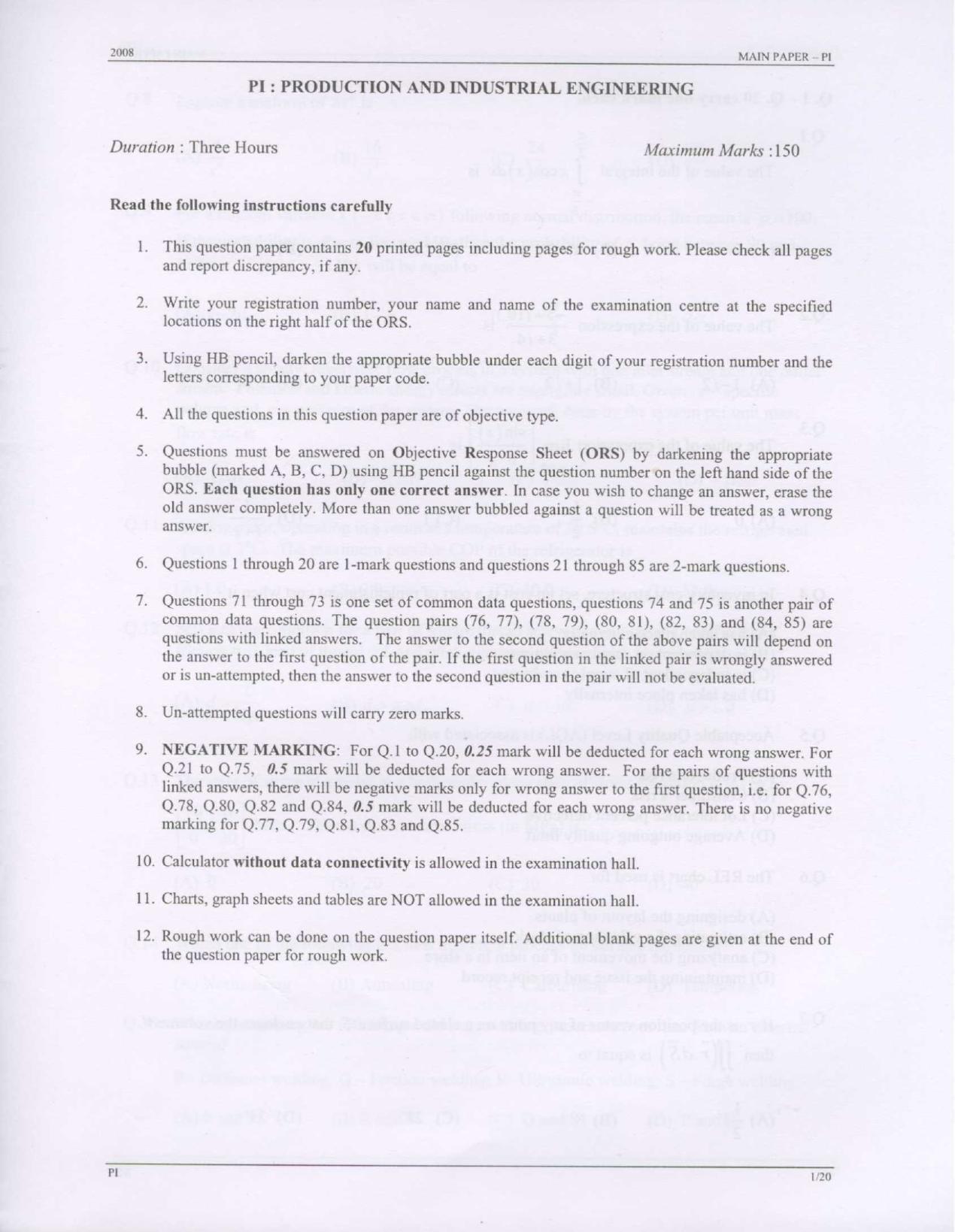 GATE 2008 Production and Industrial Engineering (PI) Question Paper with Answer Key - Page 1