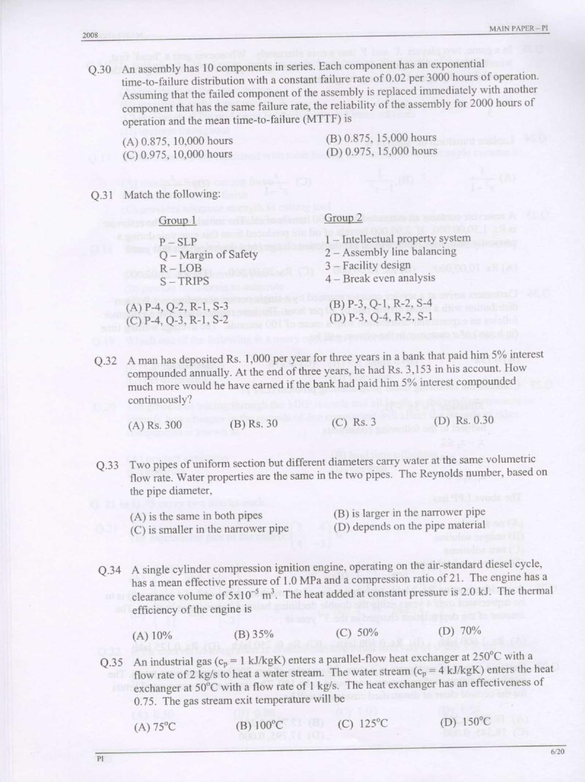 GATE 2008 Production and Industrial Engineering (PI) Question Paper with Answer Key - Page 6
