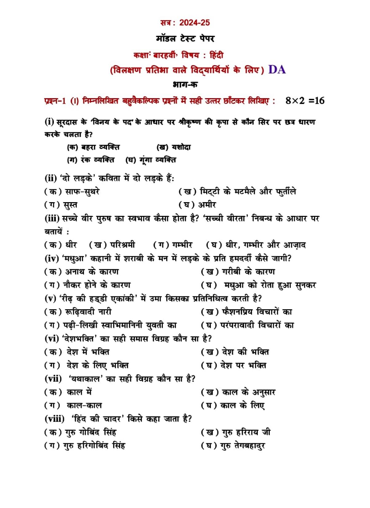PSEB Class 12 Hindi Elective (For DA Students) Model Papers 2025 - Page 1