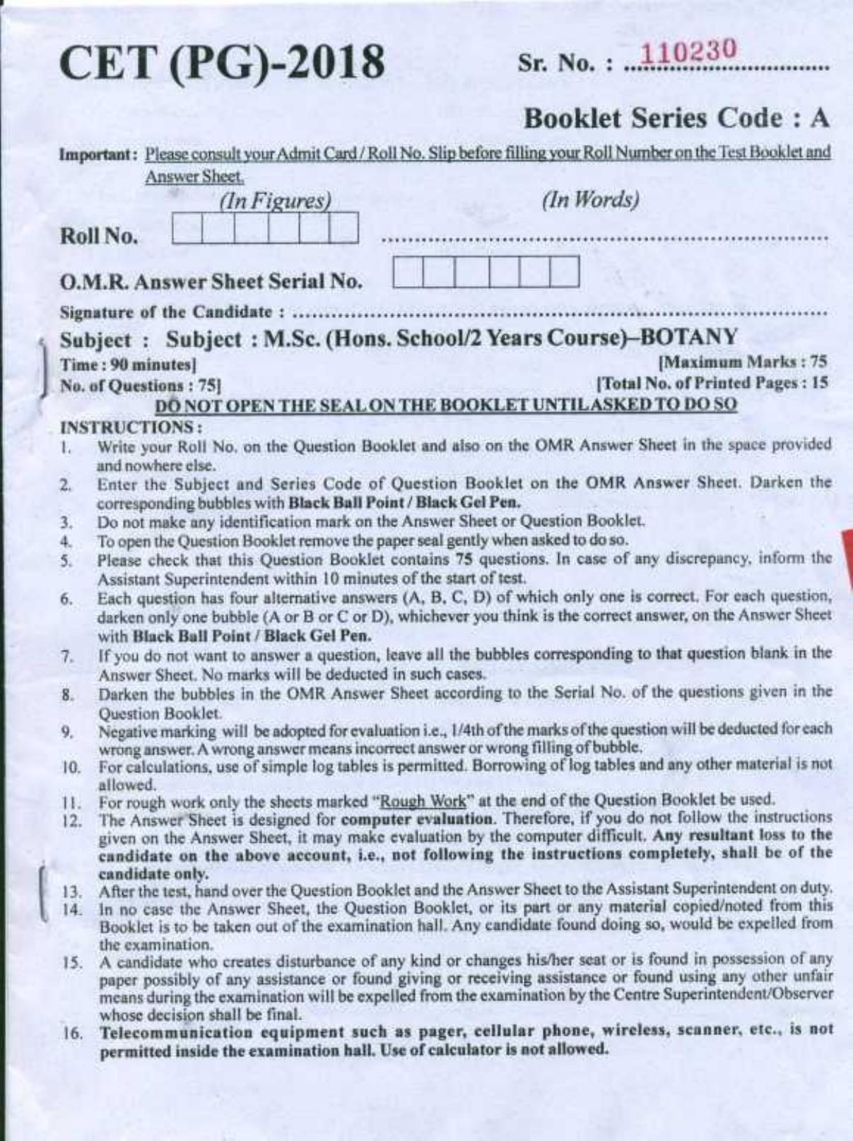 PU CET PG 2018 MSc (Botany) Question Paper - Page 1