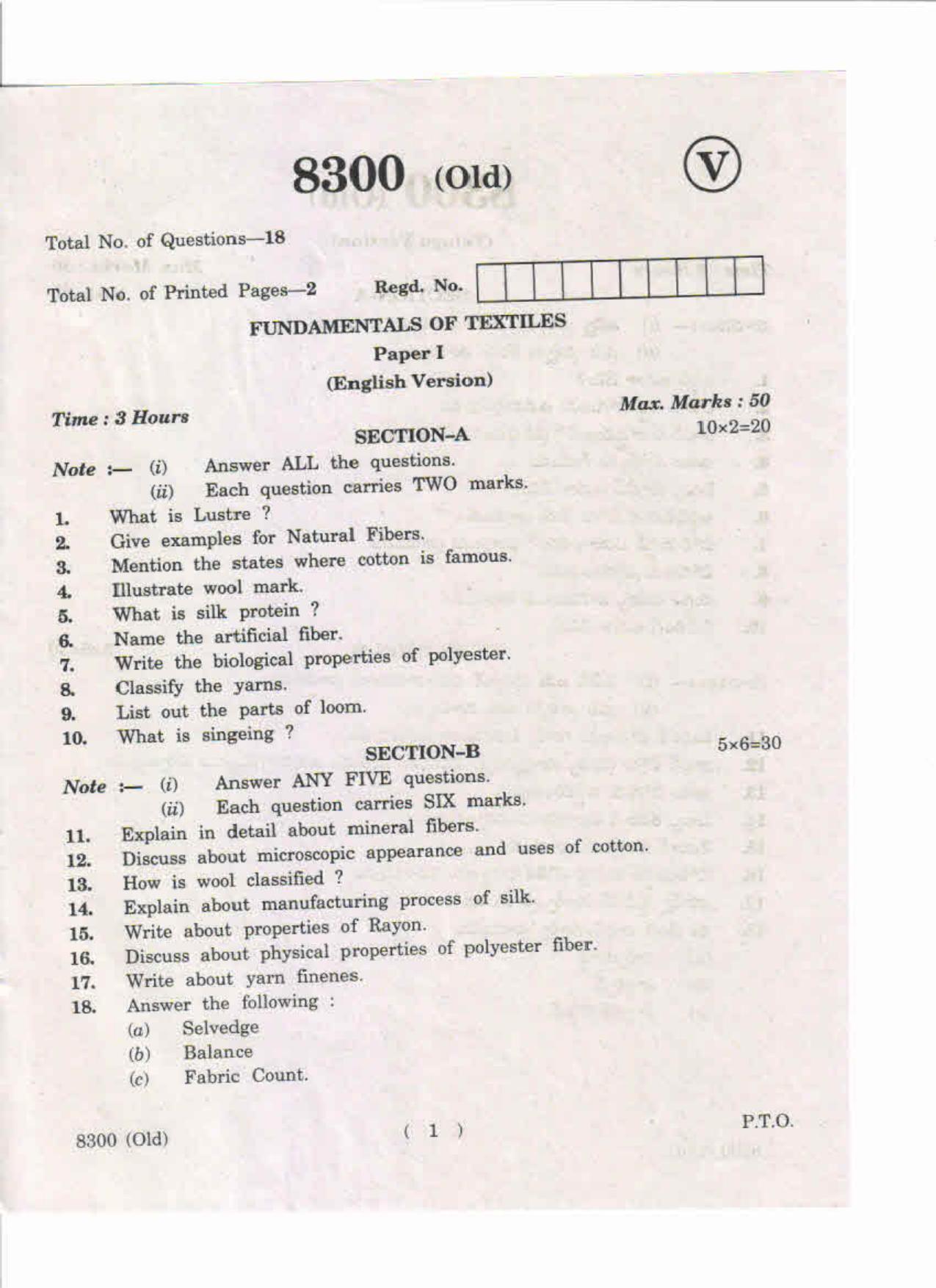 AP Inter 1st Year Fundamentals of Textiles-I (Old) May-2019-Vocational Question Paper - Page 1