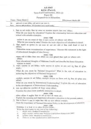 Bilaspur University Question Paper 2021-2022:Bachelor Of Education  (First Year) Perspectives In Education Paper 1