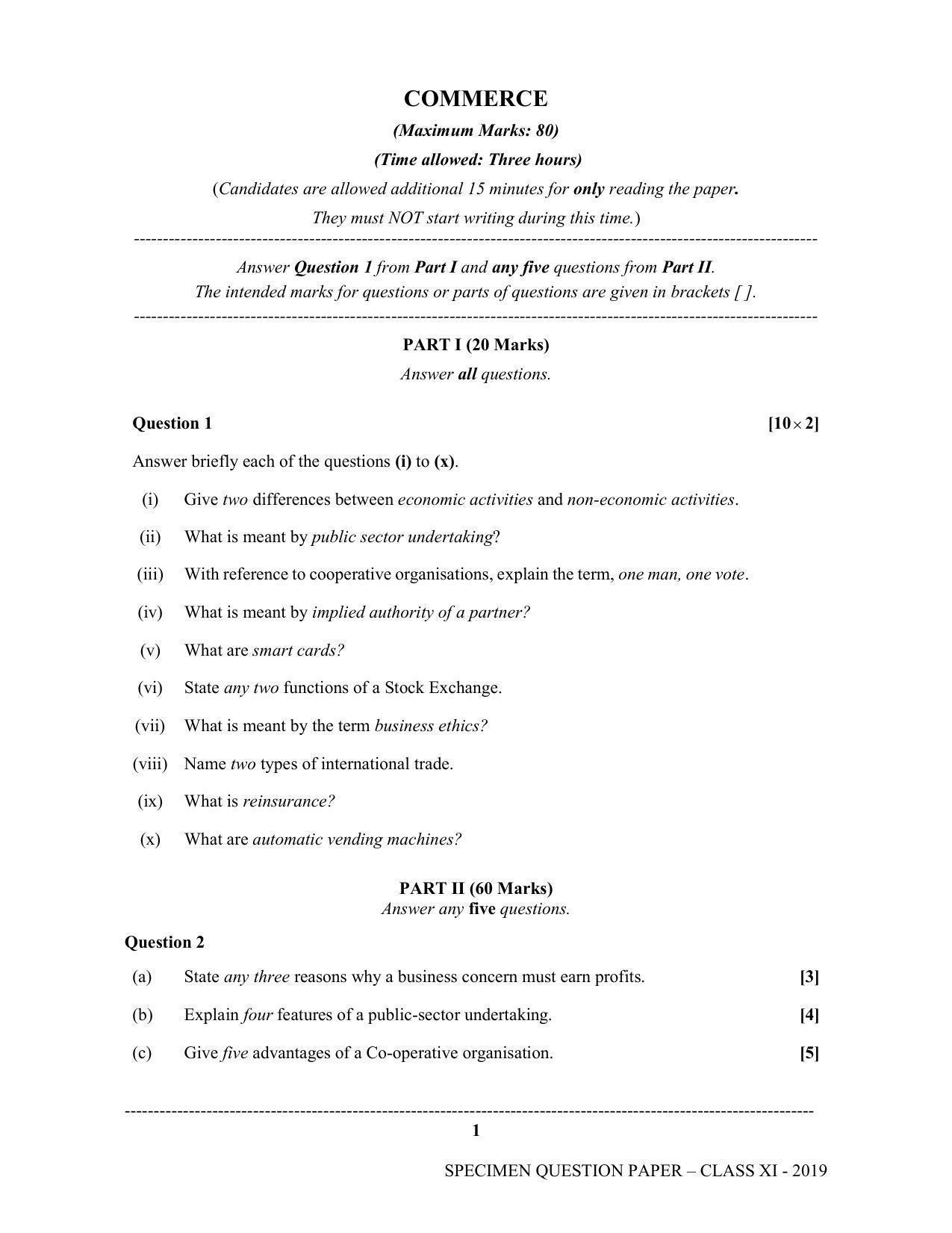 ISC Class 11 Specimen Commerce Sample Papers 2023 - Page 1