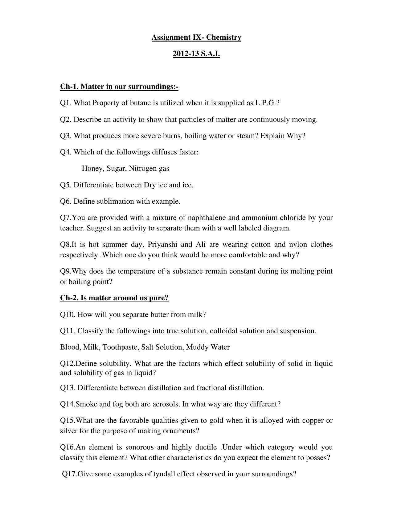 CBSE Worksheets for Class 9 Chemistry Matter in Our Sorrounding Assignment 2 - Page 1
