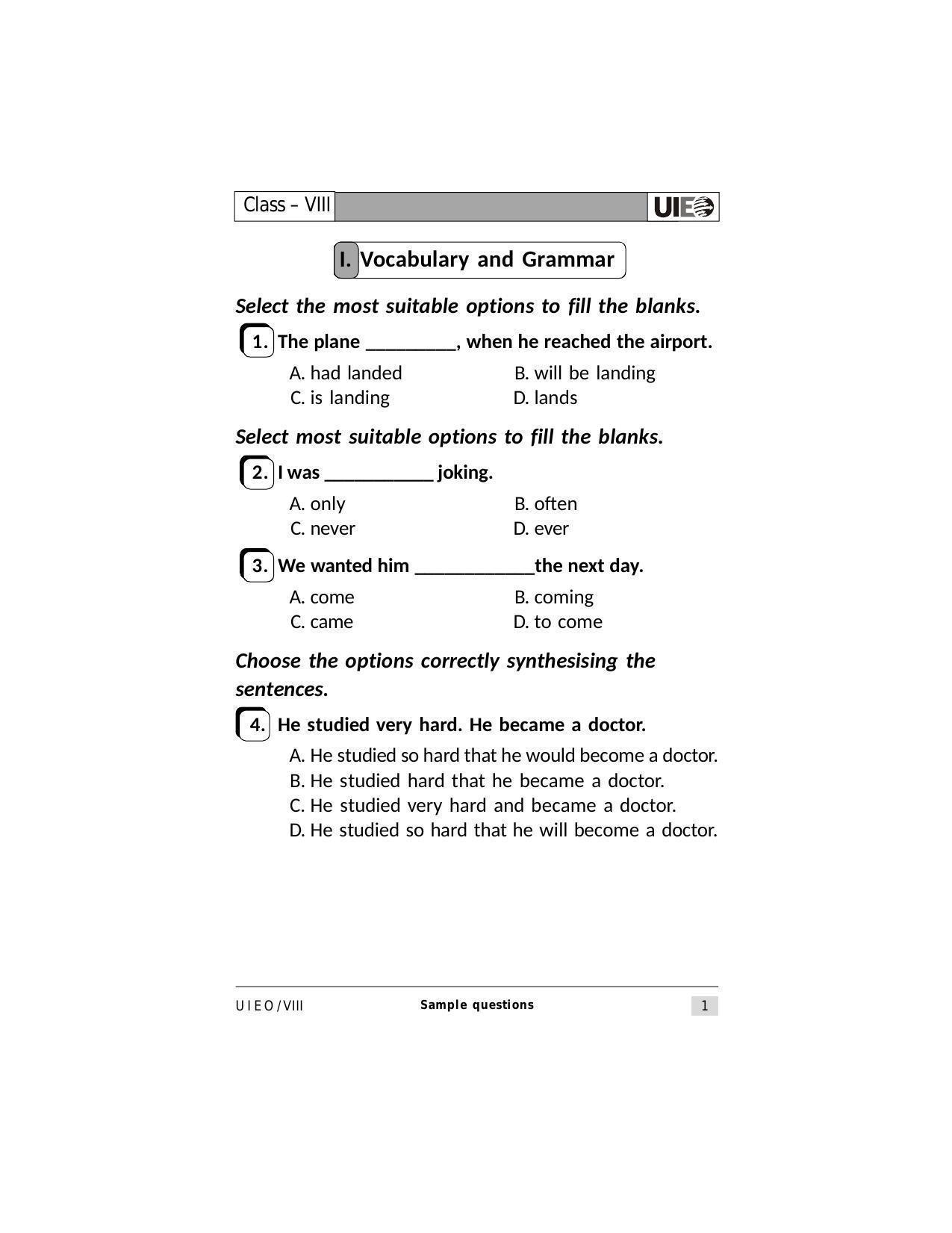 UIEO Sample Paper for Class 8 - Page 1