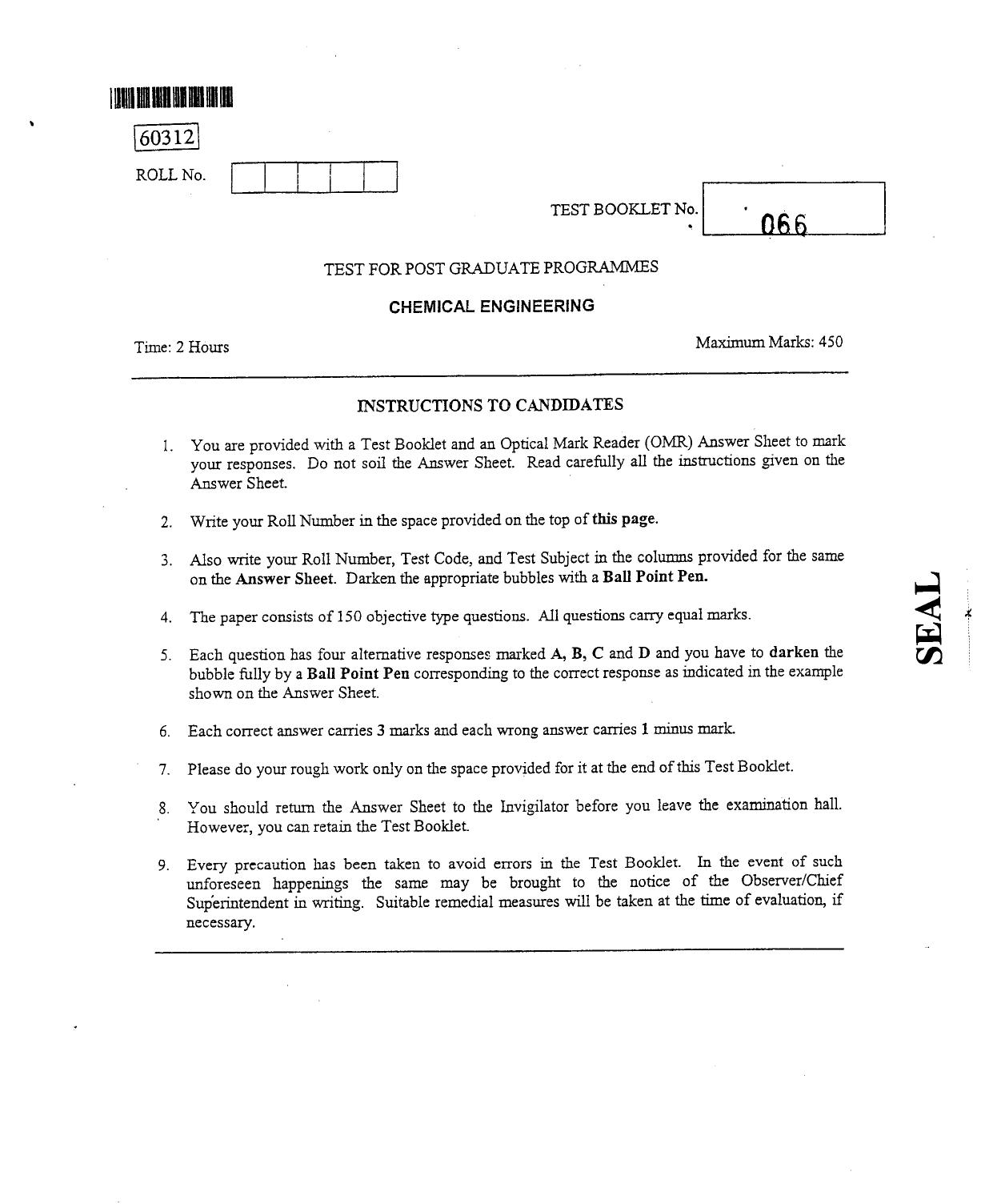 CUSAT CAT 2012 Chemical engg Question Paper - Page 1