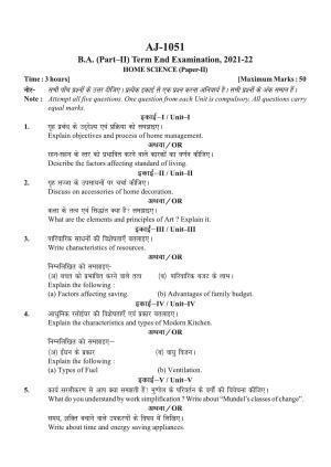 Bilaspur University Question Paper 2021-2022:B.A. Part-II (Two) Home Science Paper 2