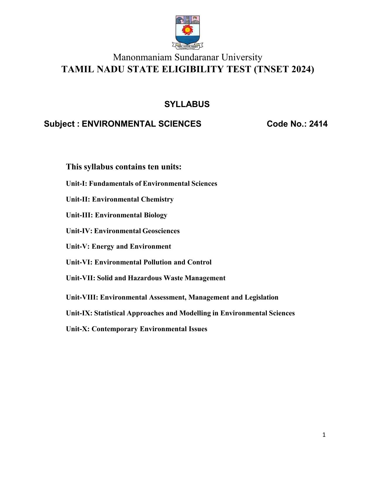 TNSET Syllabus - Environmental Sciences - Page 1