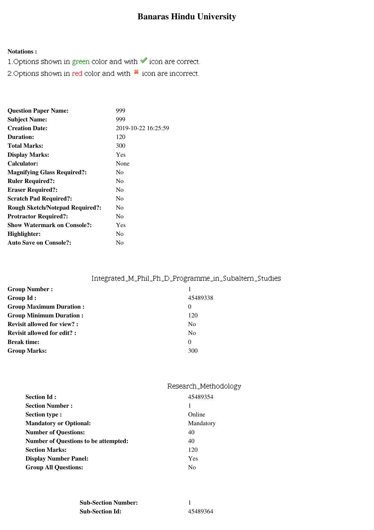 BHU RET Subaltern Studies 2019 Question Paper  - Page 1