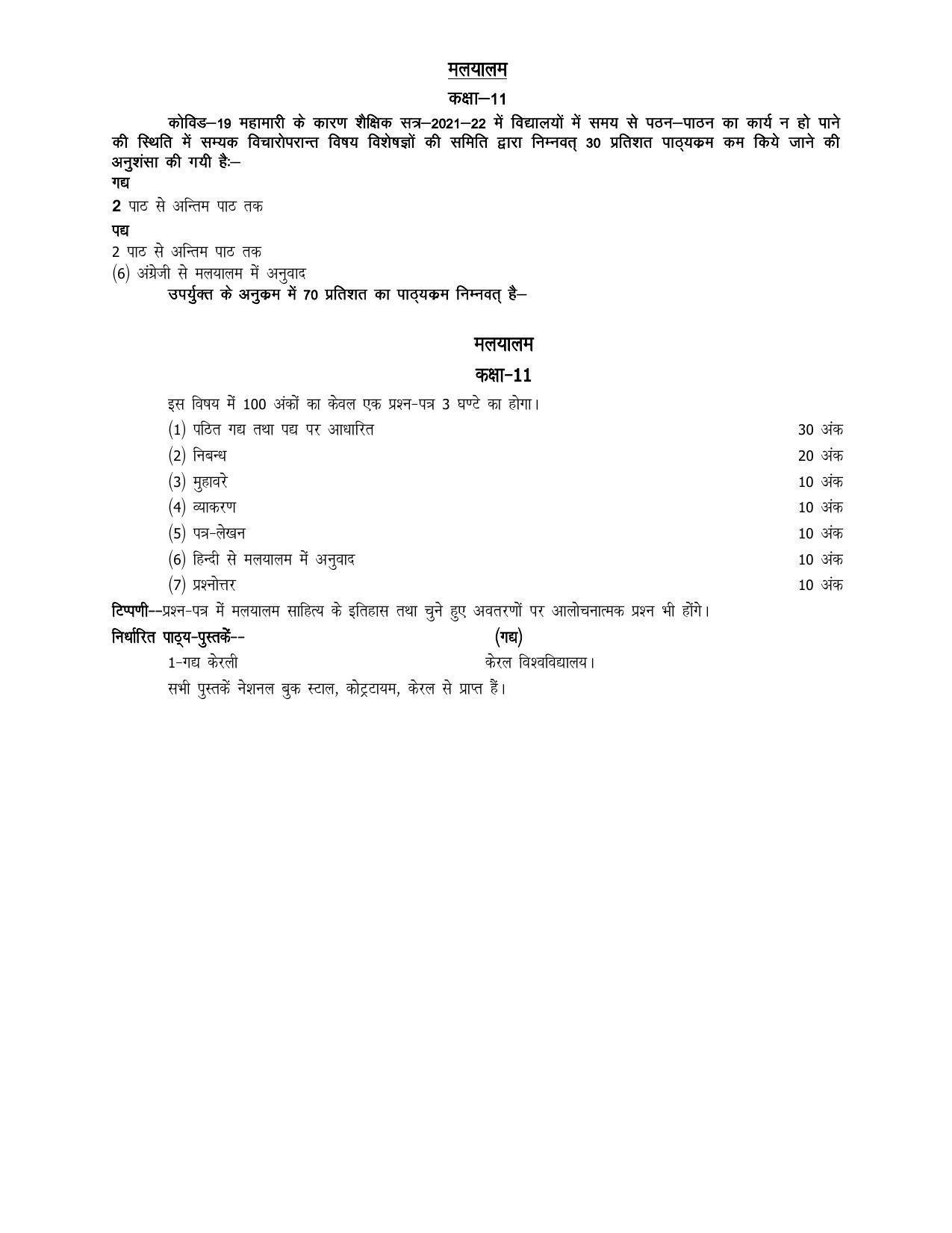 UP Board 11th Syllabus Malyalam - Page 1