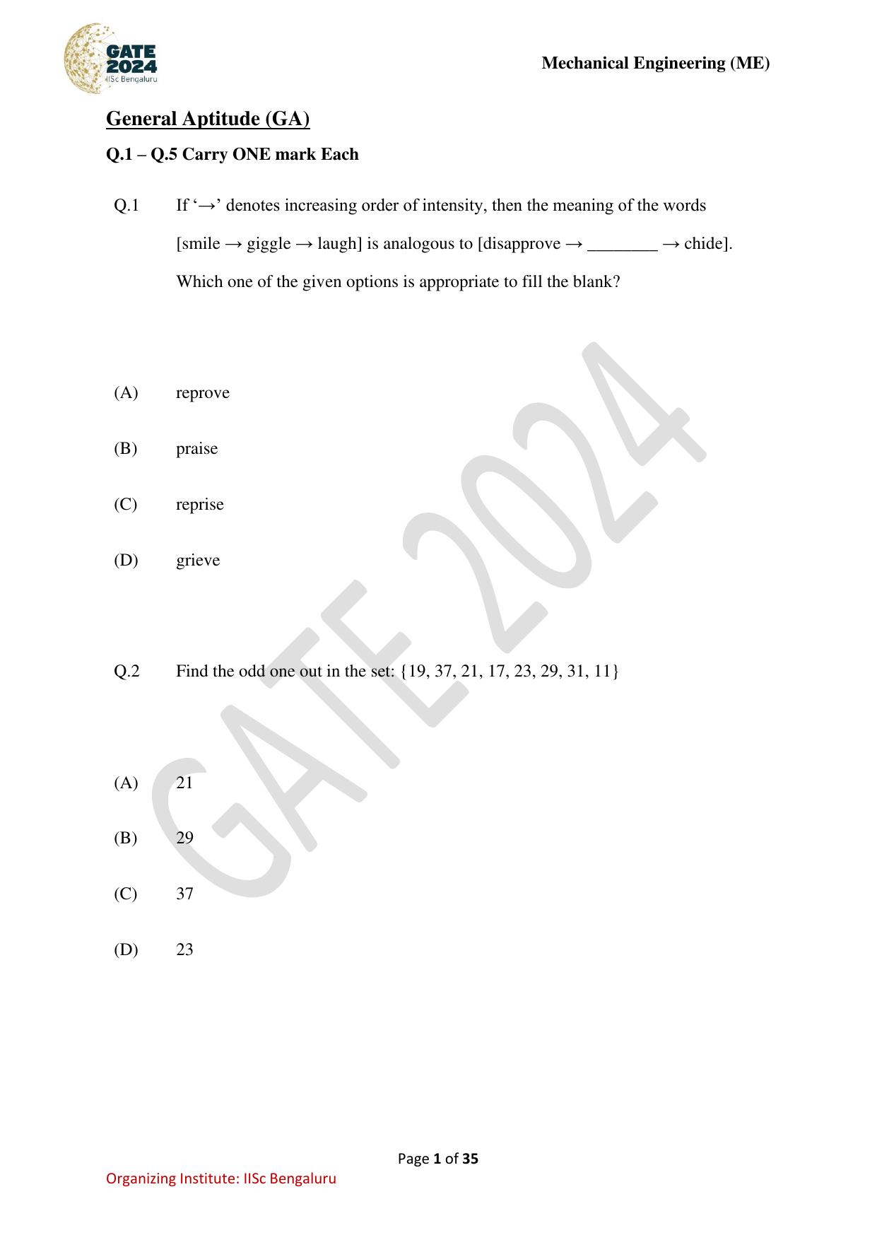 GATE 2024 Mechanical Engineering (ME) Question Paper - Page 1