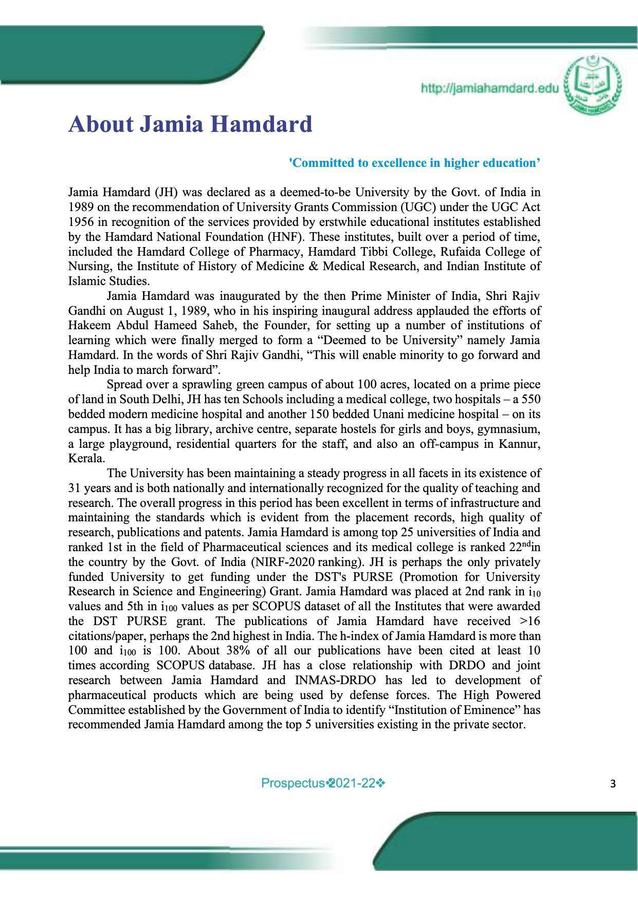 Jamia Hamdard University, Delhi -2021-22 (Prospectus) - IndCareer Docs