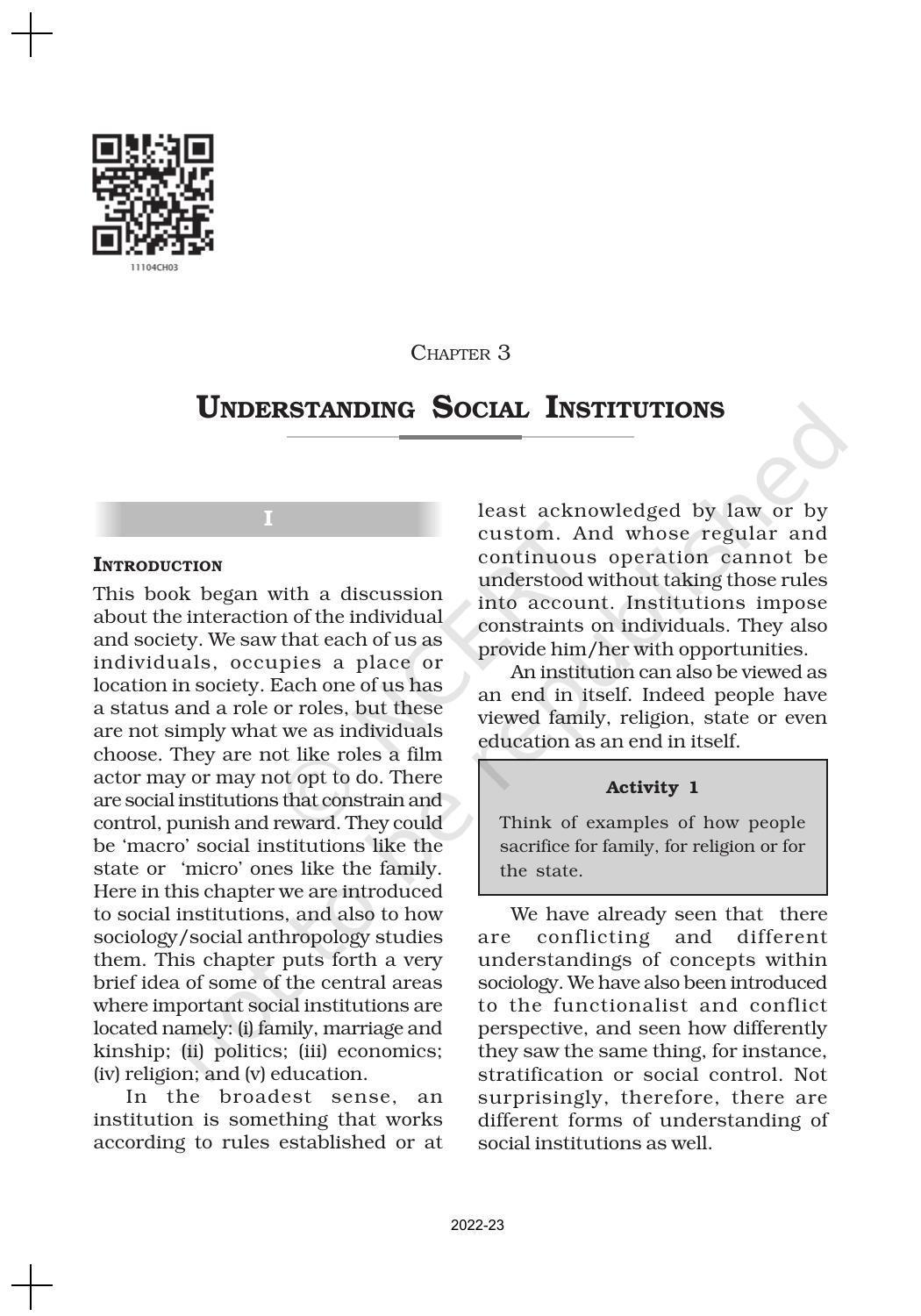 NCERT Book for Class 11 Sociology (Part-I) Chapter 3 Understanding Social Institutions - Page 1