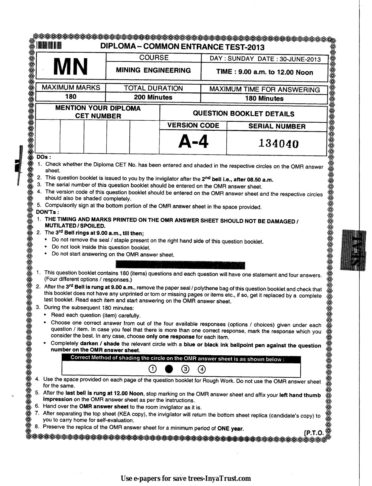 Karnataka Diploma CET- 2013 Mining Engineering Question Paper - Page 1