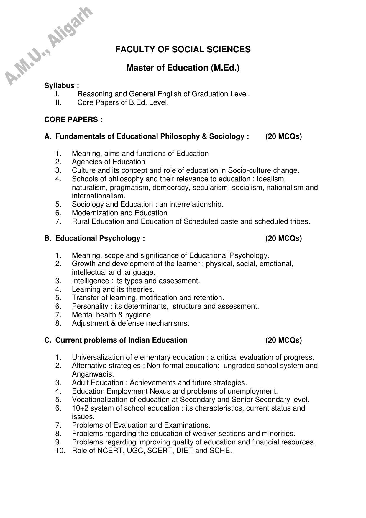 AMU Entrance Exam: M. Ed. Syllabus - Page 1