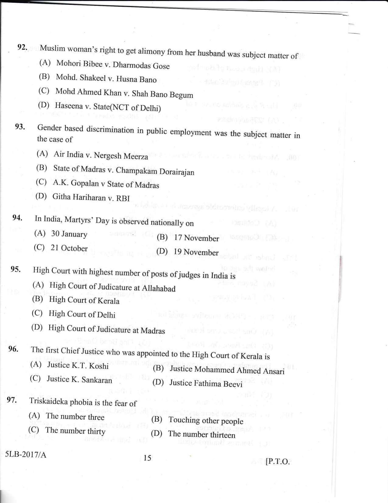 KLEE 5 Year LLB Exam 2017 Question Paper - Page 15