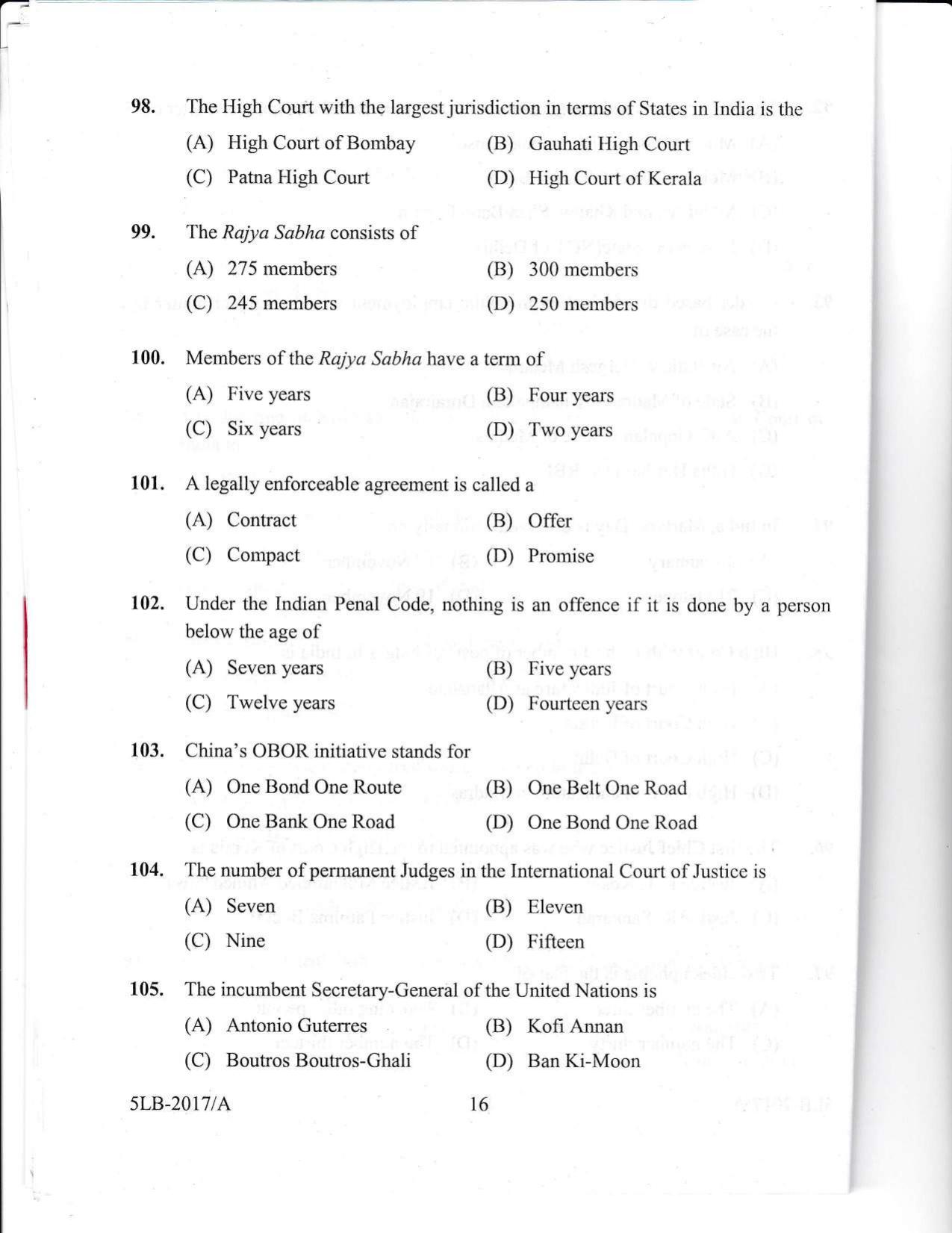 KLEE 5 Year LLB Exam 2017 Question Paper - Page 16
