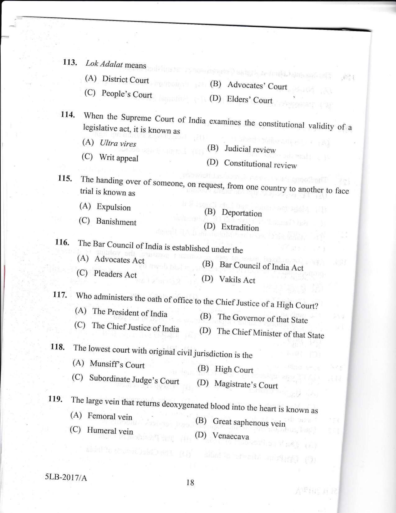 KLEE 5 Year LLB Exam 2017 Question Paper - Page 18