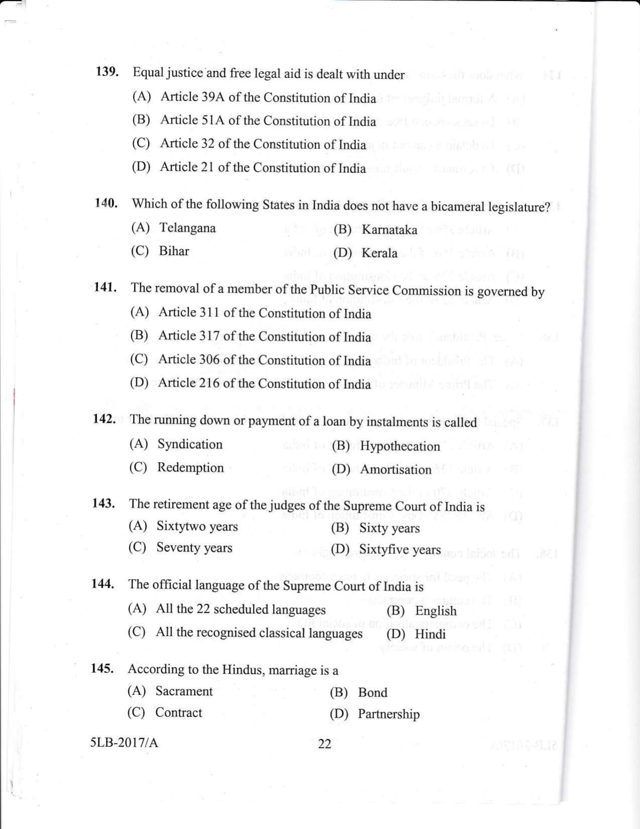 KLEE 5 Year LLB Exam 2017 Question Paper - Page 22
