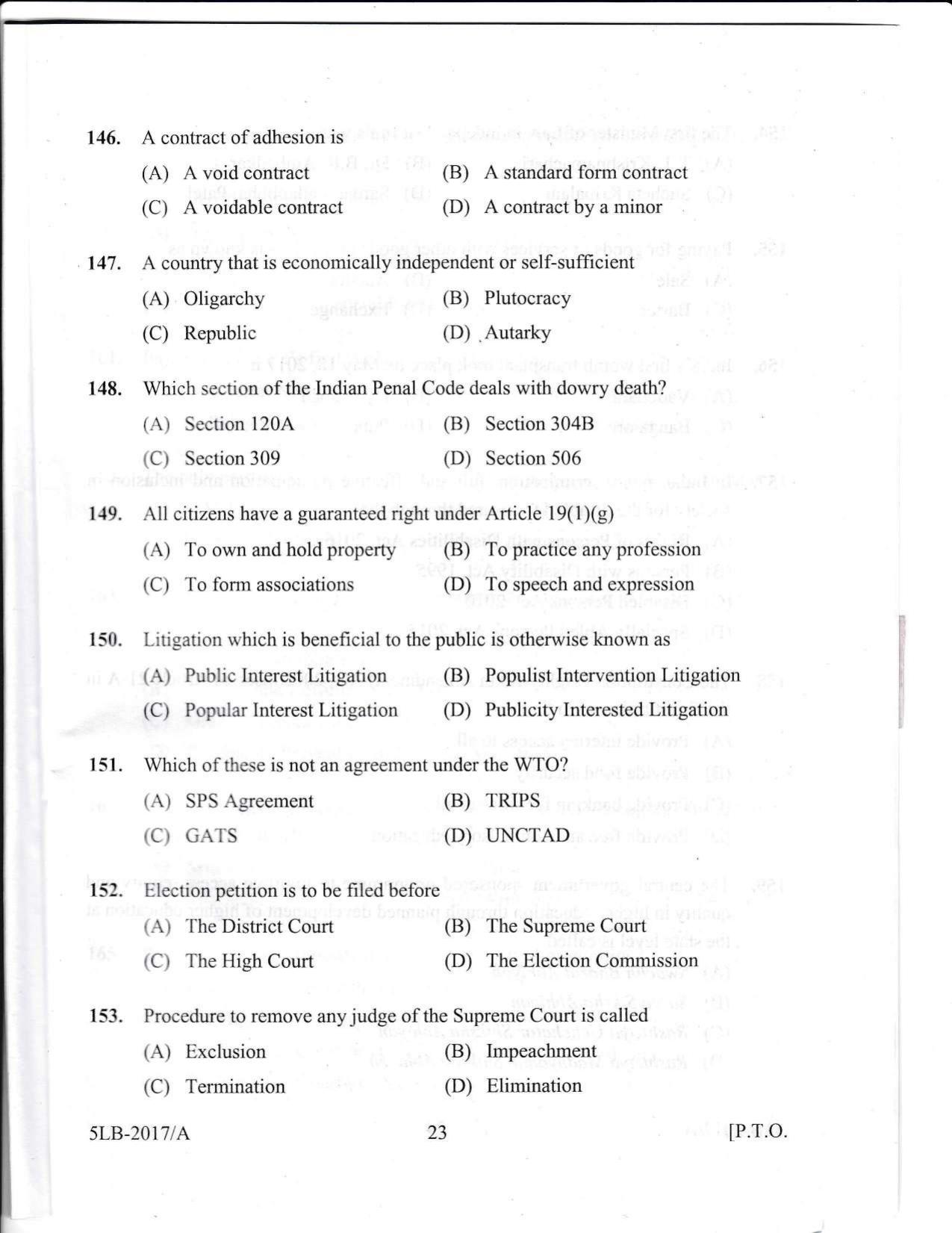 KLEE 5 Year LLB Exam 2017 Question Paper - Page 23