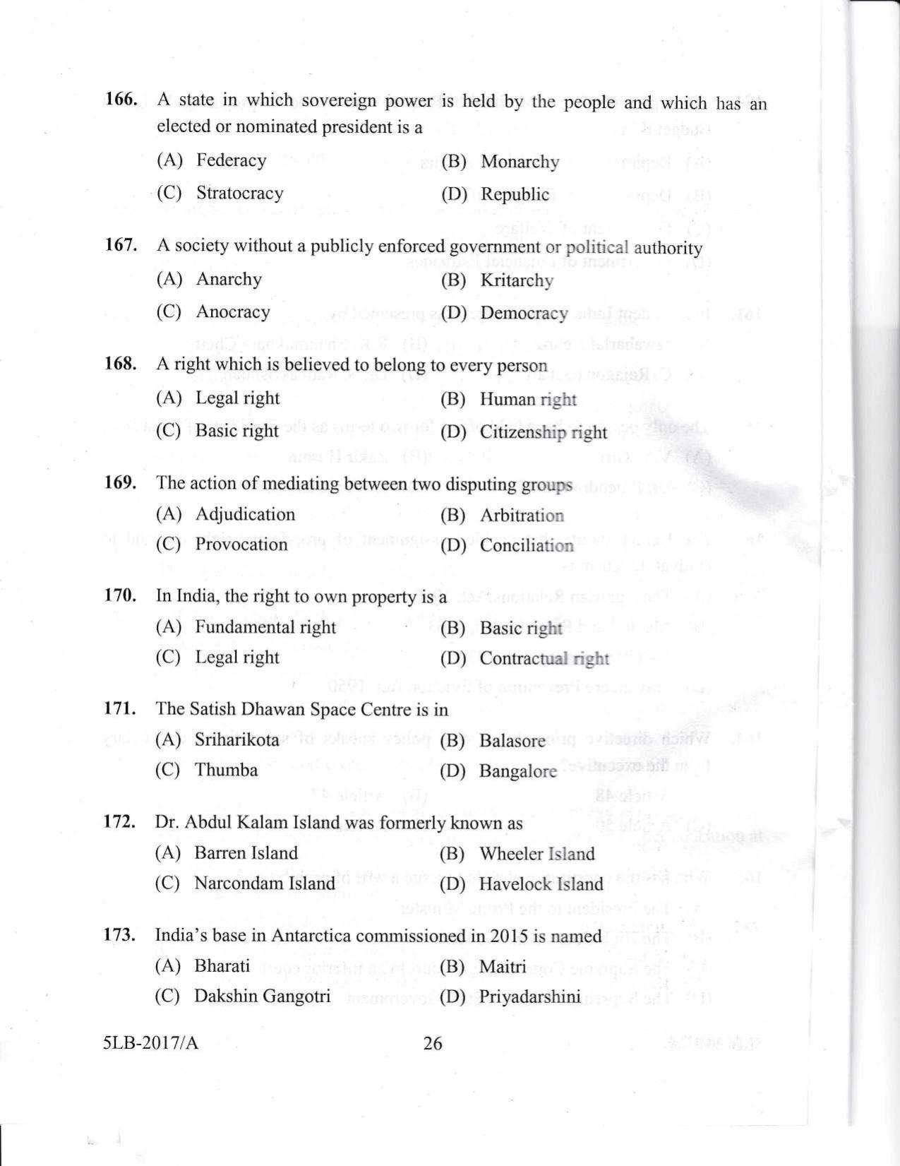KLEE 5 Year LLB Exam 2017 Question Paper - Page 26