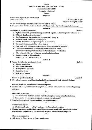Bilaspur University Question Paper June 2022:M.Sc. Botany (Second Semester) Plant Physiology Paper 1