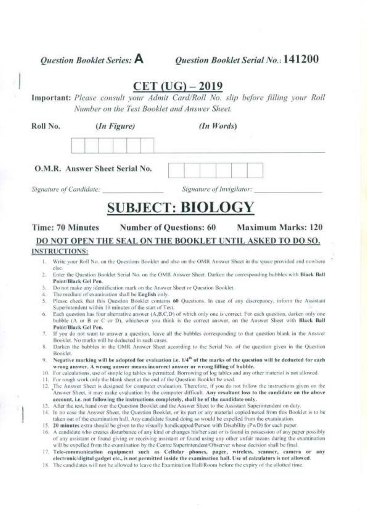 PUCET UG 2019 Biology Question Paper - Page 1
