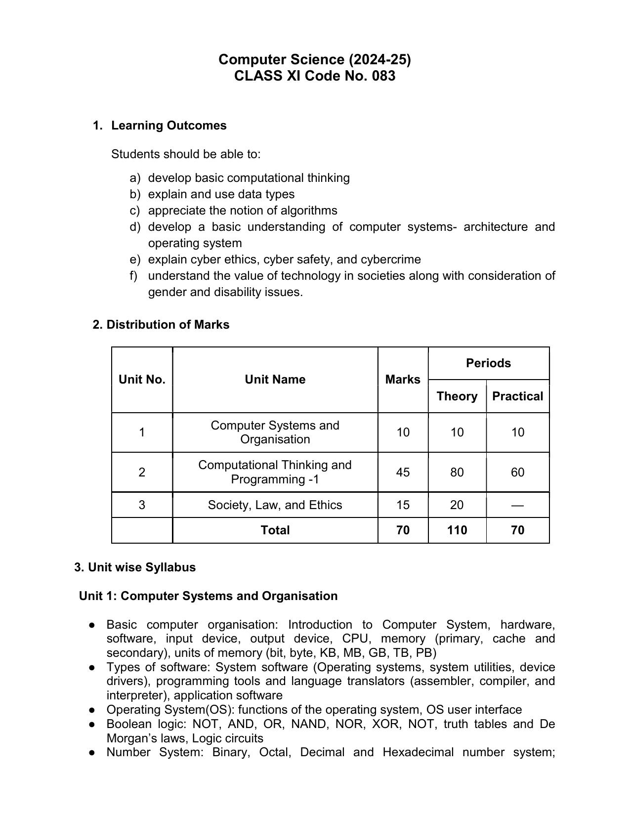 CBSE Class 11 & 12 Computer Science Syllabus - Page 1