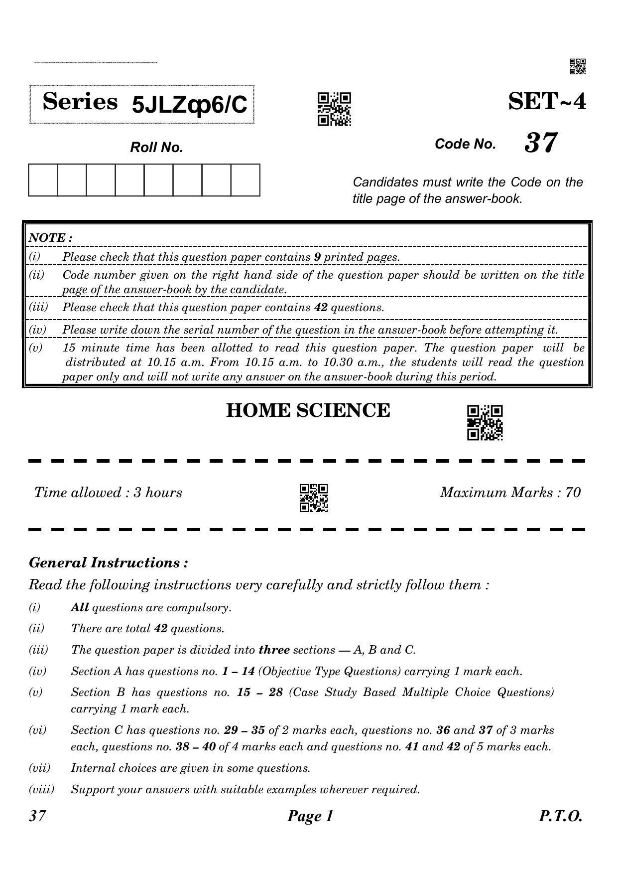 CBSE Class 10 QP_064_Home_Science 2021 Compartment Question Paper - Page 1