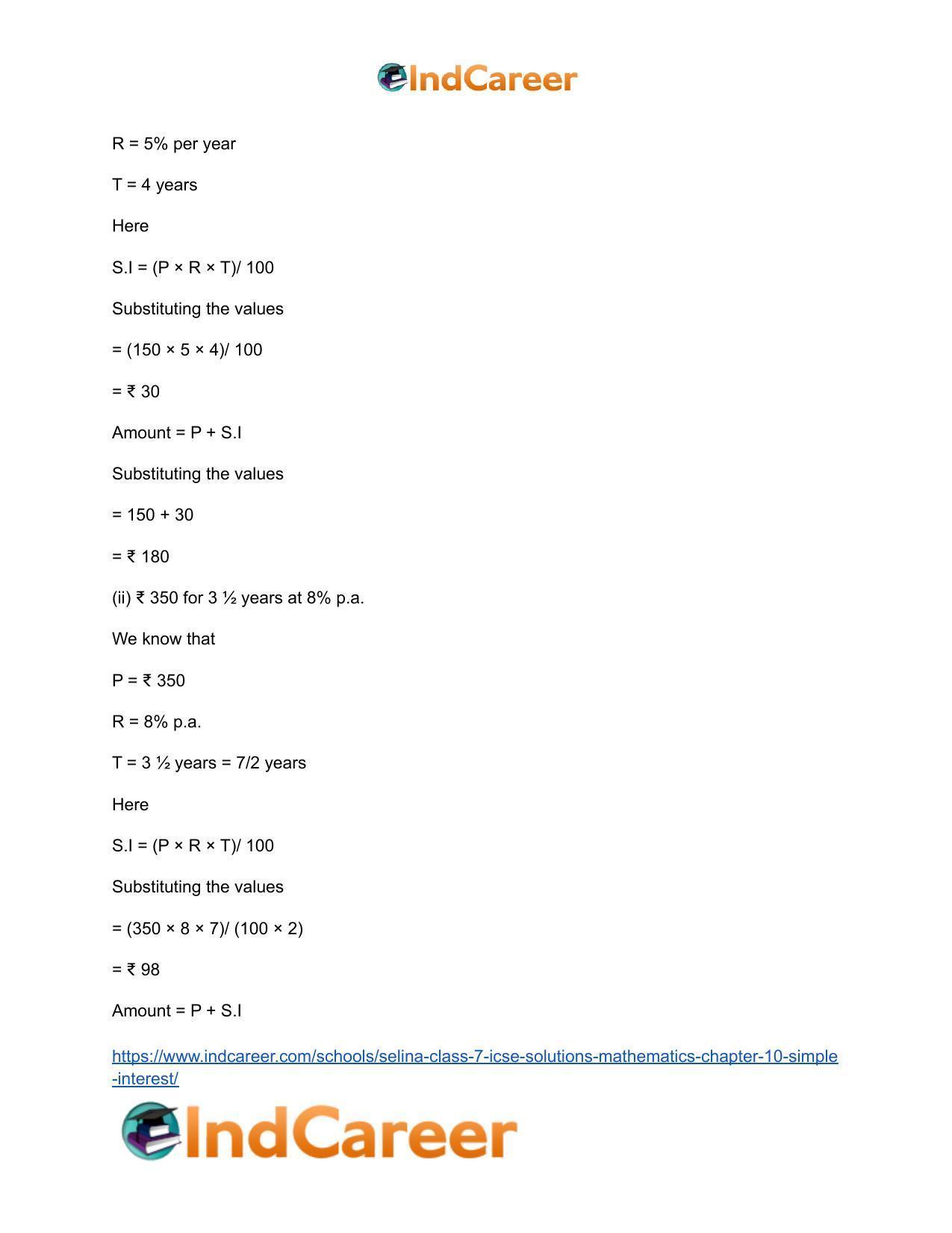 Selina Class 7 ICSE Solutions Mathematics : Chapter 10- Simple Interest - Page 3