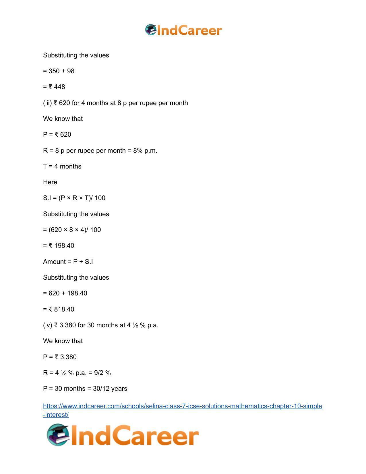 Selina Class 7 ICSE Solutions Mathematics : Chapter 10- Simple Interest - Page 4