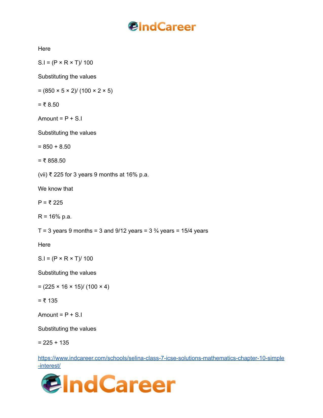 Selina Class 7 ICSE Solutions Mathematics : Chapter 10- Simple Interest - Page 7