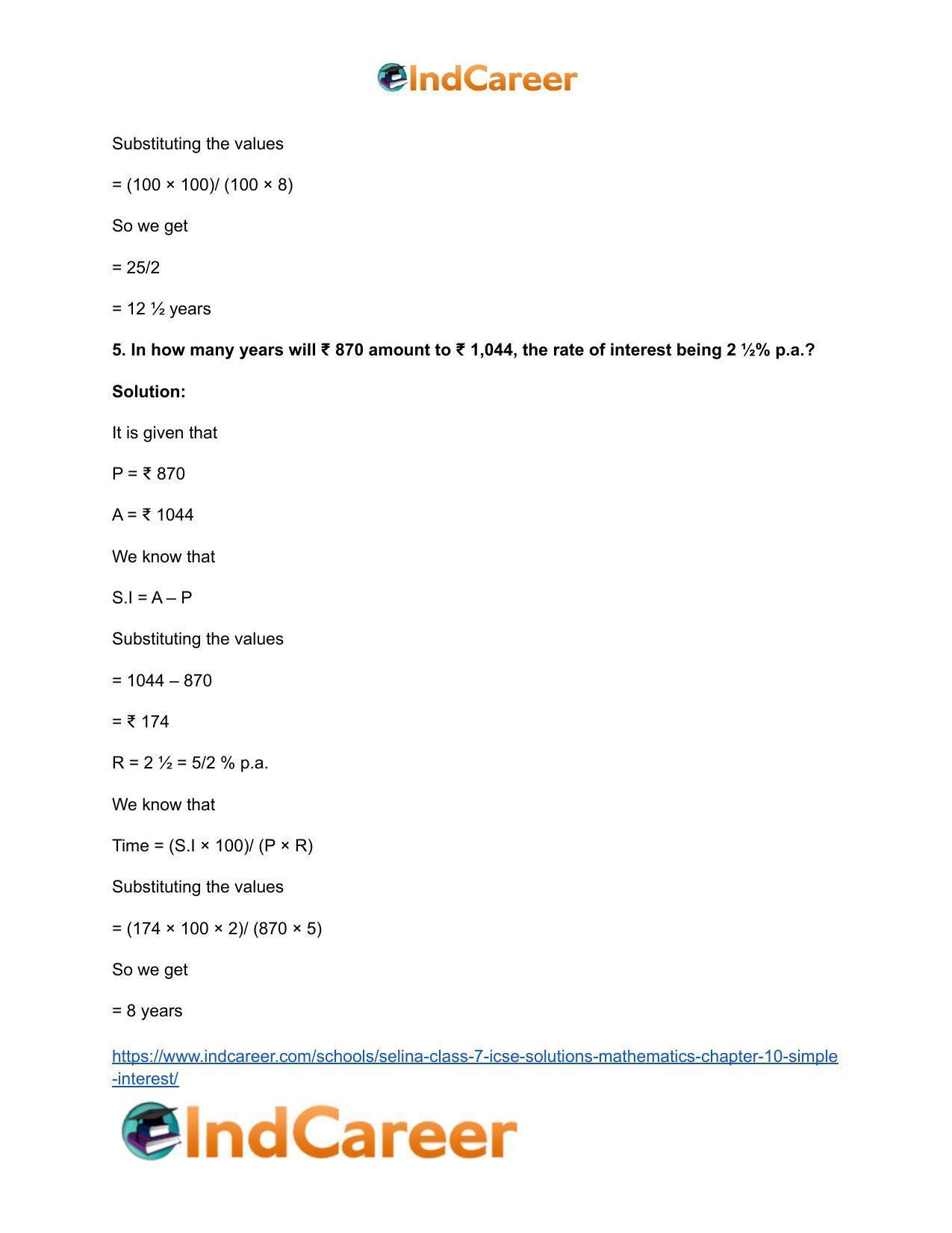 Selina Class 7 ICSE Solutions Mathematics : Chapter 10- Simple Interest - Page 10