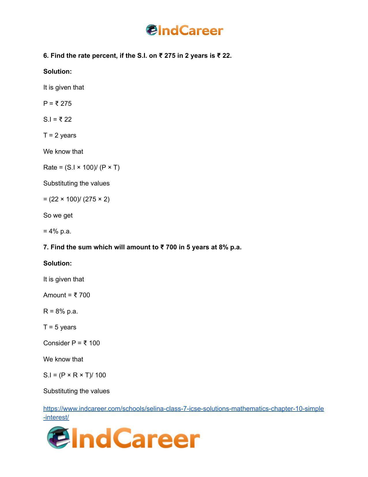 Selina Class 7 ICSE Solutions Mathematics : Chapter 10- Simple Interest - Page 11