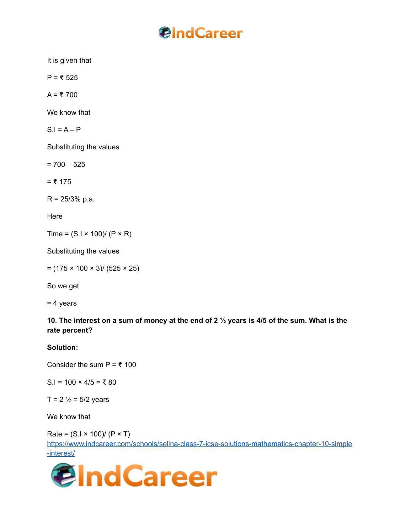 Selina Class 7 ICSE Solutions Mathematics : Chapter 10- Simple Interest - Page 14