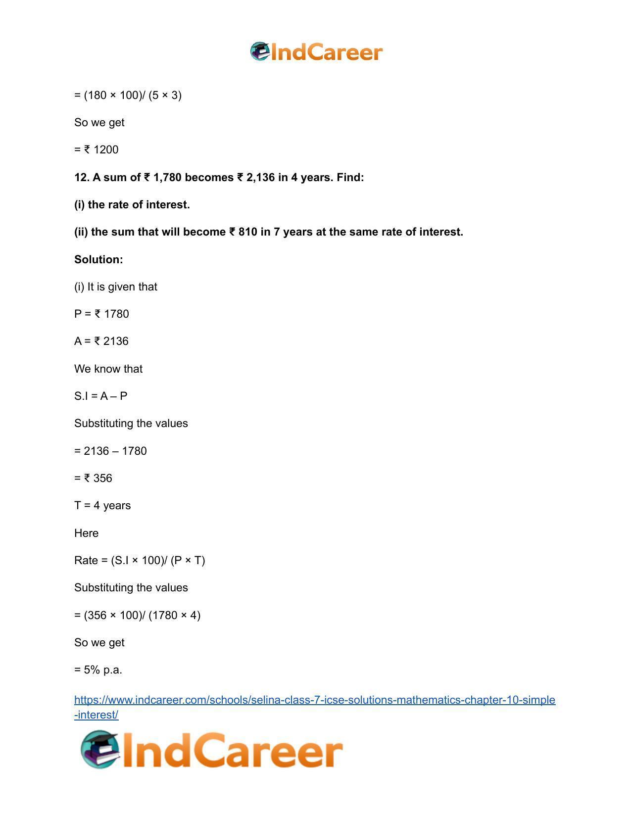 Selina Class 7 ICSE Solutions Mathematics : Chapter 10- Simple Interest - Page 16