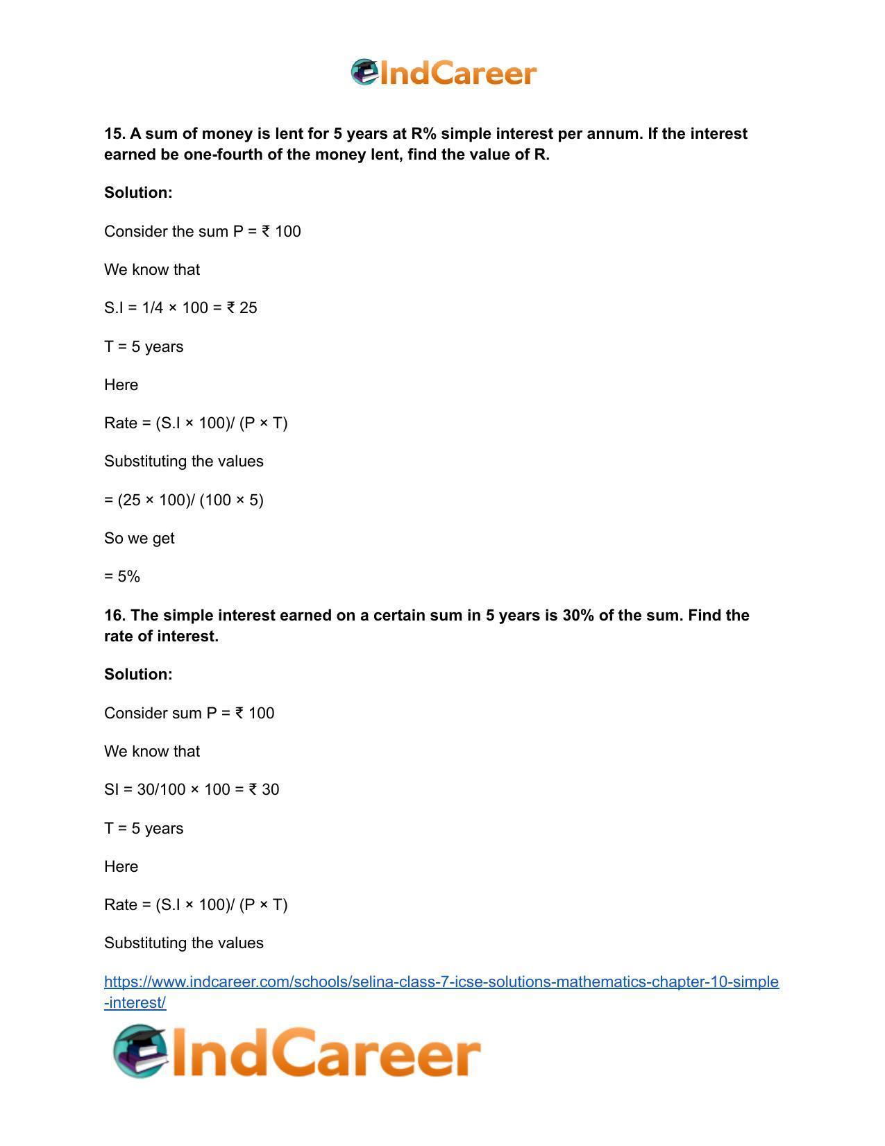 Selina Class 7 ICSE Solutions Mathematics : Chapter 10- Simple Interest - Page 20