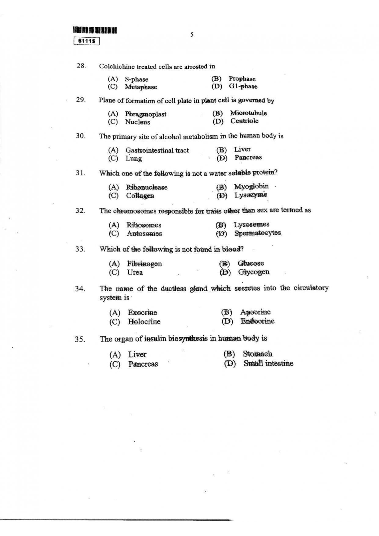 CUSAT CAT 2015 Life Science Question Paper - Page 6