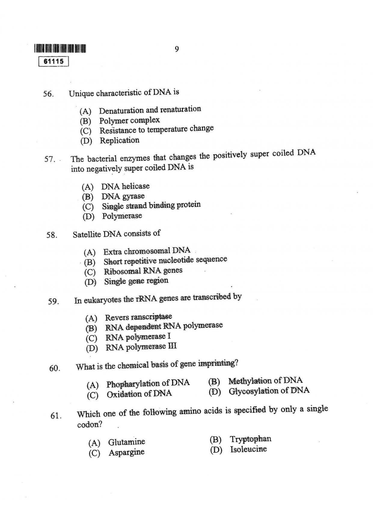 CUSAT CAT 2015 Life Science Question Paper - Page 10