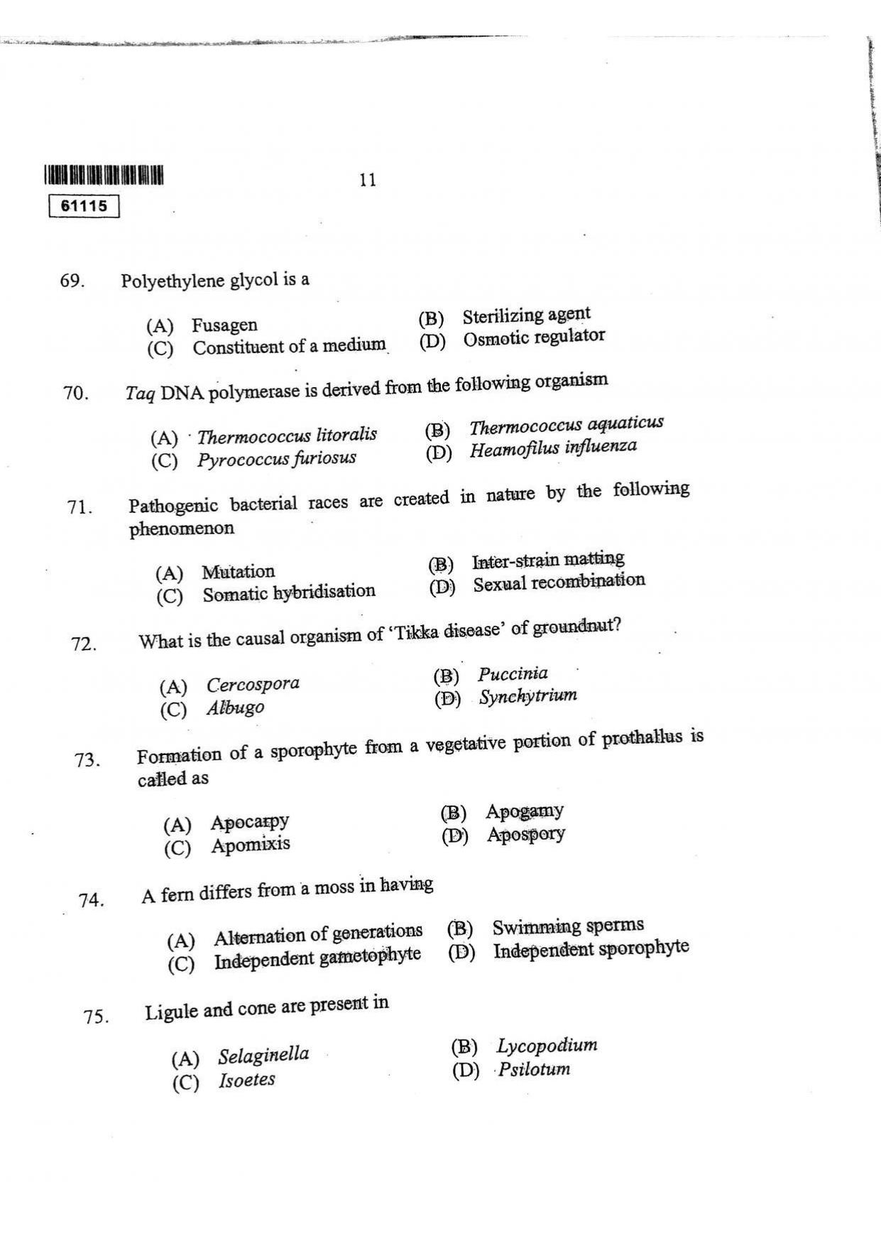 CUSAT CAT 2015 Life Science Question Paper - Page 12