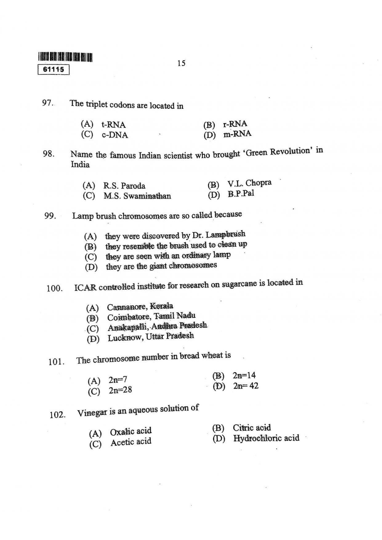 CUSAT CAT 2015 Life Science Question Paper - Page 16