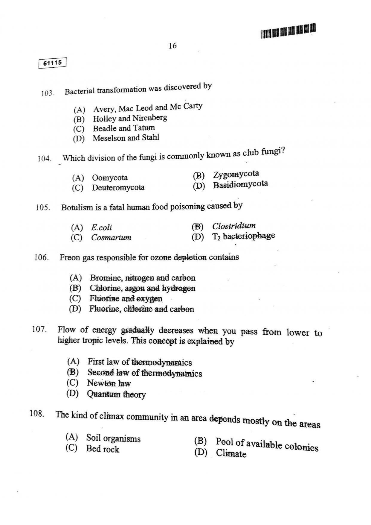 CUSAT CAT 2015 Life Science Question Paper - Page 17