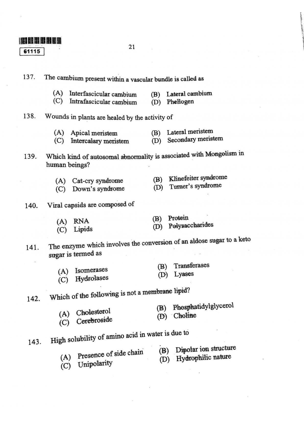 CUSAT CAT 2015 Life Science Question Paper - Page 22