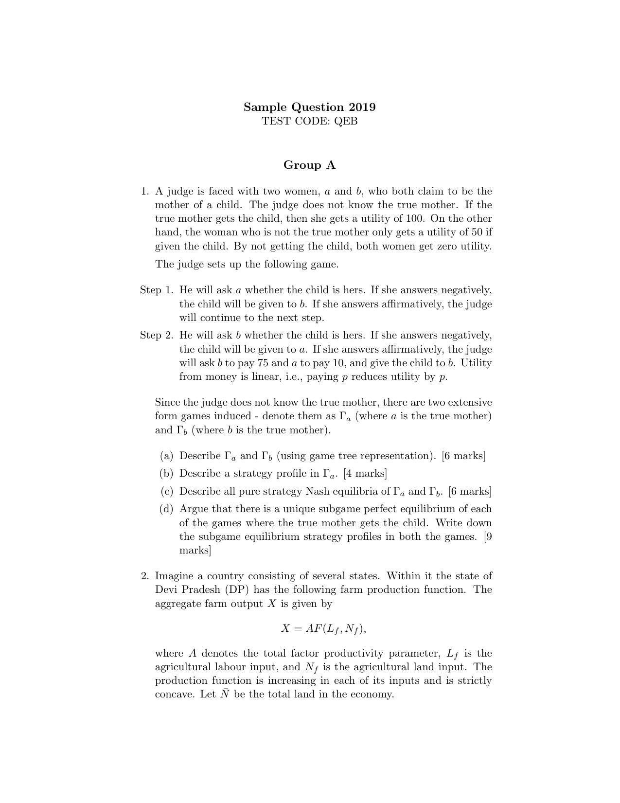 ISI Admission Test JRF in Quantitative Economics QEB 2018 Sample Paper - Page 1