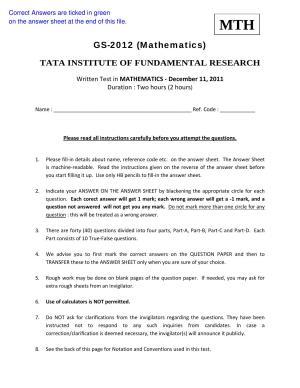 TIFR GS 2012 Mathematics Question Paper