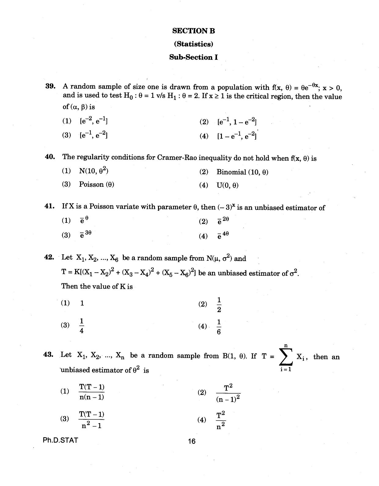 IGNOU PhD Entrance Test Ph.D (Statistics) 2018 Question Paper - Page 16