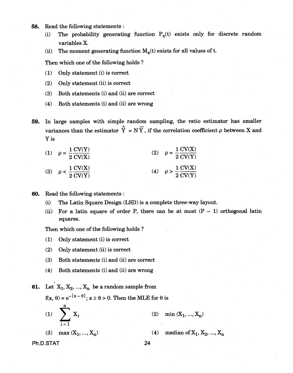 IGNOU PhD Entrance Test Ph.D (Statistics) 2018 Question Paper - Page 24