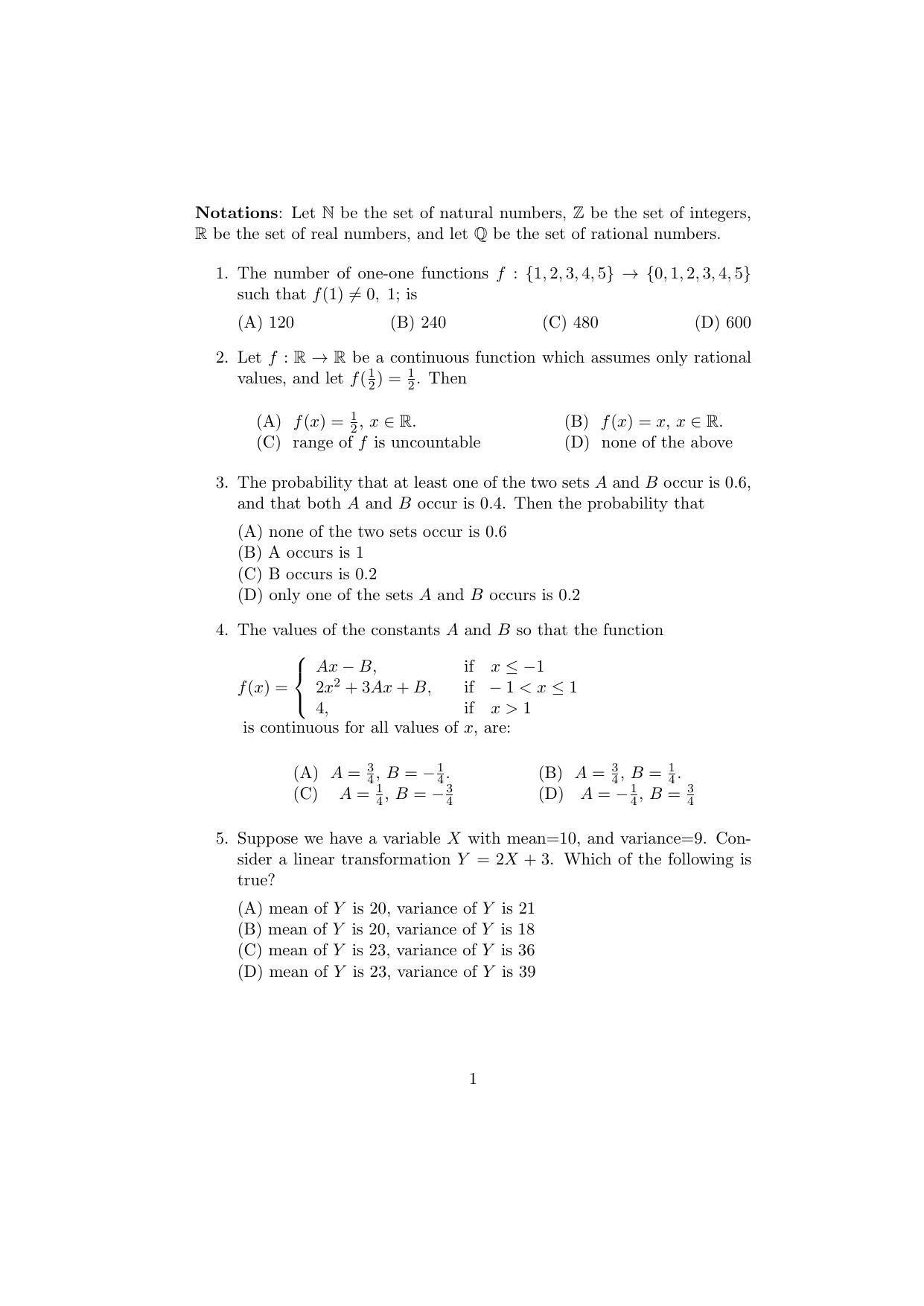 ISI Admission Test PG Diploma in Applied Statistics DST 2020 Sample Paper - Page 1