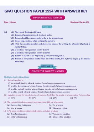 GPAT 1994 Question Paper with Answer Key